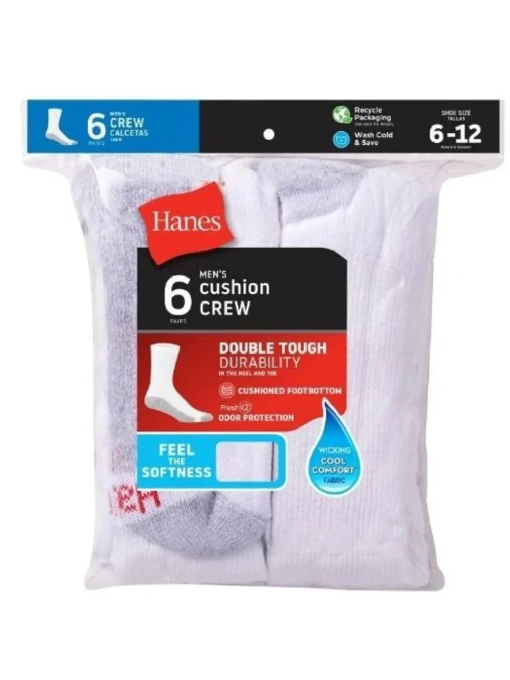 Hanes Big & Tall Men Cushion Crew Socks 6 Pack 6-12